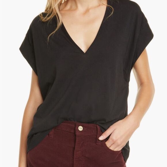 Frame Le High Rise V Neck Tee in Noir Size XL - Picture 1 of 9